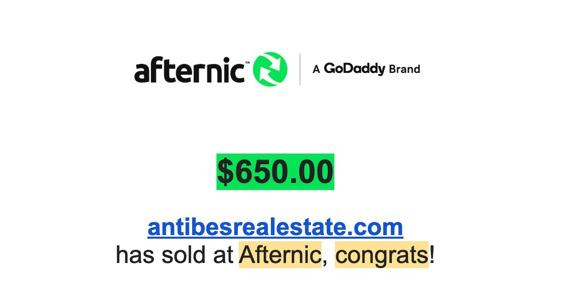 Afternic sale confirmation: antibesrealestate.com sold for $650