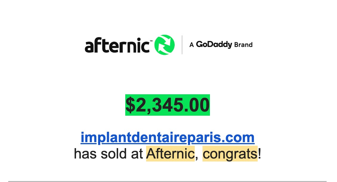 Afternic sale confirmation: implantdentaireparis.com sold for $2,345